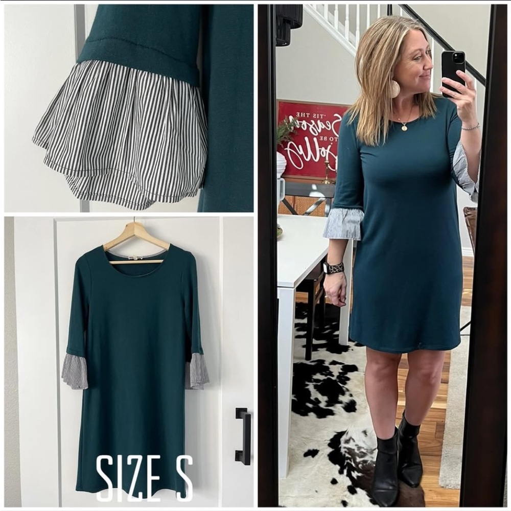 Pleione pinstripe cuffed long sleeve dress size Small